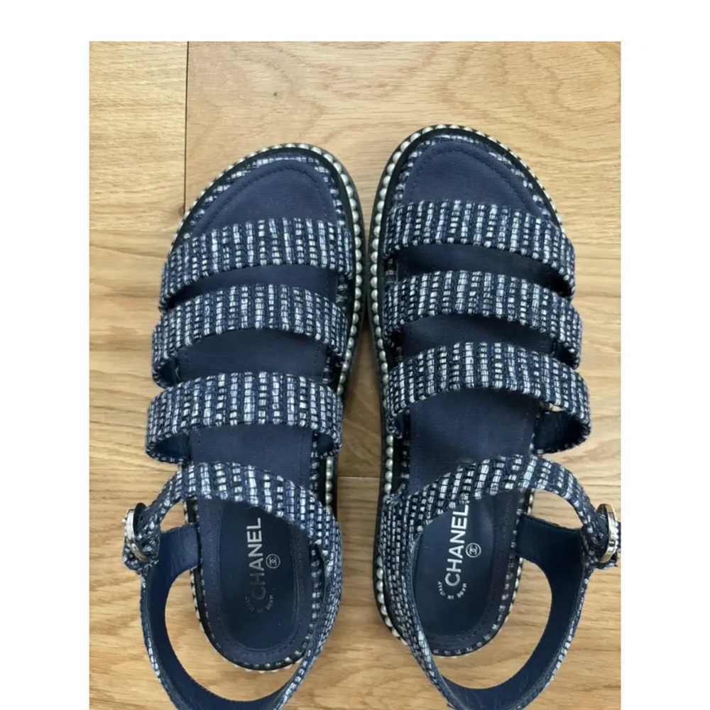 CHANEL Navy and White Strappy Sandals